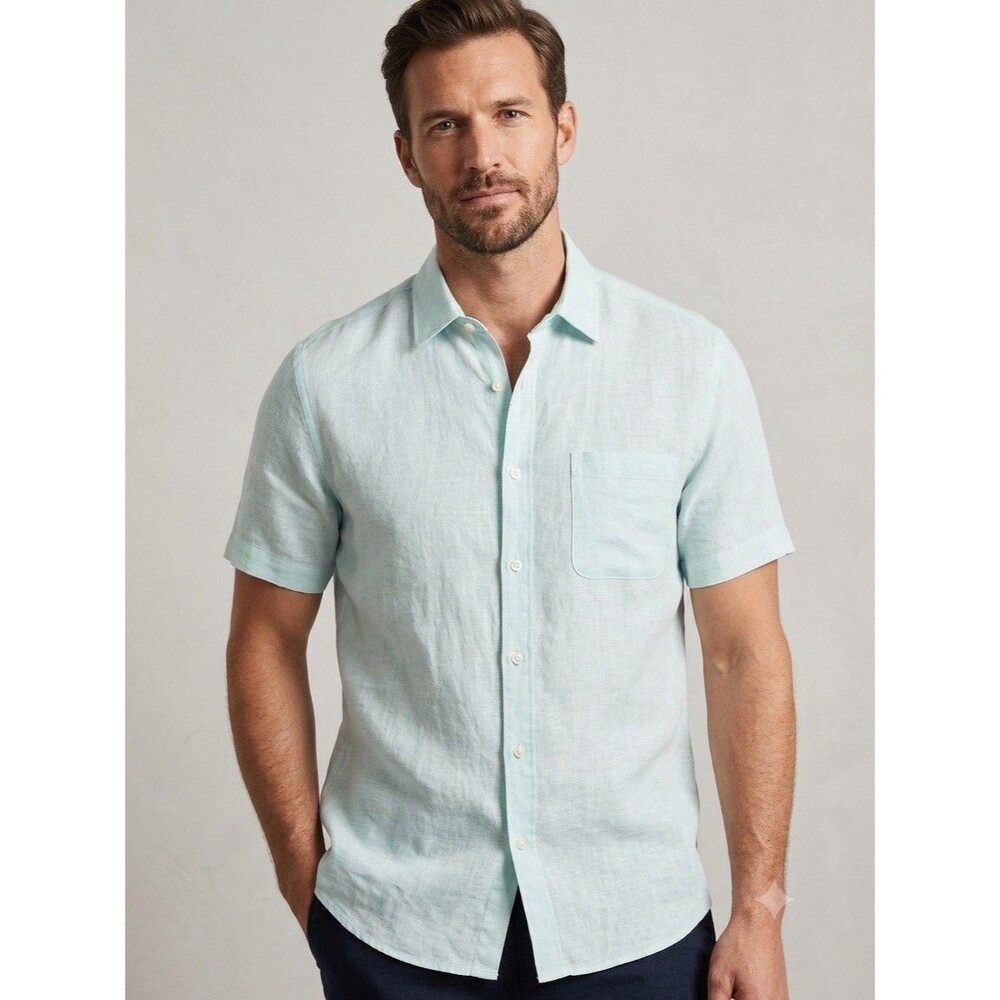Club Room Luxury Linen Shirt Mens XL Short Sleeve Button Up Light Blue Green
